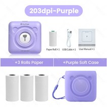 핸드폰사진인화기 사진출력기Peripage A6 감열식 미니 포켓 프린터 203 304dpi 라벨 사진 스티커 퍼플, 02 Add 3Rolls-A 1Case