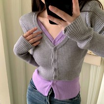 2중 페이크 가디건/ 투톤 배색 레이어링 세트 앙상블
