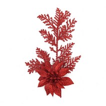 인공 크리스마스 반짝이는 Poinsettia 꽃 소나무 가지 잎 장식, 빨간색