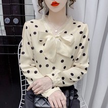포린박스 예쁜 봄 도트 땡땡이 쉬폰 리본 정장 블라우스 SH