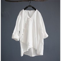 바캉스 여행 여름 원피스 롱 나시 린넨 옷 상의 하의 캐주얼 레트로 코튼 중국 V 넥 블라우스 수제 버튼 단색 바닥 셔츠 주름