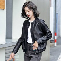 빅사이즈 라운드넥 여자 가죽자켓 루즈 캐주얼 라이더자켓 이월 중년 여성 가죽잠바