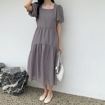 쉬폰 퍼프 소매 청순한 스퀘어넥 롱 샤랄라 반팔 원피스 드레스