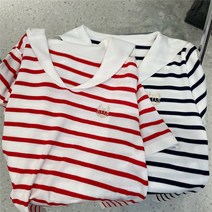 멀티 아이스 스트라이프 니트 반팔 여학원풍 마린넥 디자인 얇은 상의