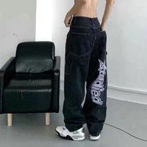 남자와이드청바지 남자크림진 남자통청바지 남성 솔리드 컬러 헤드 프린트 아메리칸 y2k 레트로 스트레이트 루즈 대형 남성 및 여성 트렌드 인 핫