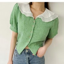 퍼니걸스 9988 배색 둥근 카라 퍼프 트위드 반팔 블라우스 여성의류