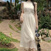 설온 여성 머플러 홀터넥 민소매 쉬폰 롱 원피스 실피