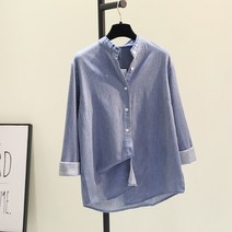 배색 자수 크롭 빅카라 롱셔츠 루즈핏 코발트 블라우스 블루 여성 드레스 셔츠 코디