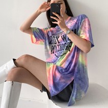 오브치치 루즈핏 물나염 여성 반팔티셔츠 캐쥬얼 반팔티 박스원피스 박시핏 롱티셔츠 롱티 트임티 반팔트임티셔츠 홈웨어 물나염반팔티