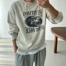 보트 라운드 오버핏 프린팅 맨투맨 긴팔 레이어드 무지 심플 캐주얼 남친룩 커플 유니섹스