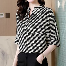 데일로엔 여성 헨리넥 패턴 스트라이프 반팔 블라우스