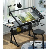 드로잉 테이블 그림 이젤 책상 각도조절 화판 작업대, 신형 리프팅 화이트 스틸프레임 + 의자