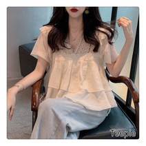 티피/Teepie 여성 프릴 브이넥 레이스 셔츠 여성 반팔 티셔츠 블라우스