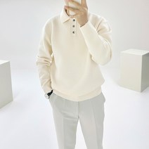 아도르클래식 아스터 3버튼 카라 헨리넥 부드러운 세미 오버핏 긴팔 니트
