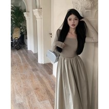 헵번 스타일 네모난 옷깃 롱원피스 A라인 풀 스커트 롱원피스 항공특배 웨일쓰