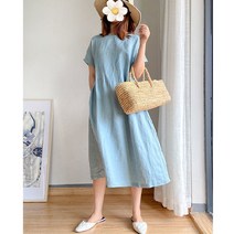 여성 루즈핏 면마 원피스 린넨 코튼 라운드넥 반팔 원피스