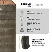 TETON Sports Celsius XL -25F 침낭; 추운 날씨용 침낭;.. 정품보장, XL (-18C/0F), Green - Right Zip