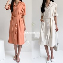 내츄럴미즈홀릭 여성 카라 셔츠 반팔 롱 원피스 허리끈 4색상