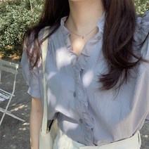 여름 반팔 감령목 귓전 셔링 셔츠 얇은 디자인감 박시한 루즈핏 블라우스 탑 트렌드