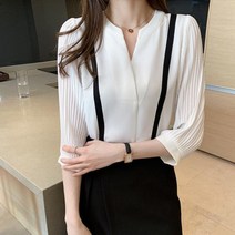 빅사이즈 블라우스 이쁜옷 여성 상의 큰옷 오피스 레이디 넥 34 슬리브 폴드 쉬폰 셔츠 의류 봄 우아한 통근 캐주얼 풀오버