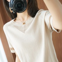 펀칭 얇은 니트 여 배색 상의 루즈핏 반팔 티셔츠 블라우스 디자인 소소한 반팔 티셔츠