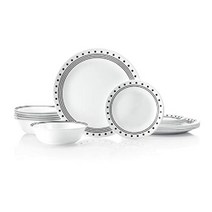 Corelle vitrelle 18 피스 서비스 6 식기 세트 3 중 유리/칩 방지 경량 원형 접시 및 그릇 겨울 프로스트 화이트, 시티 블록