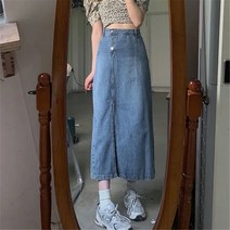 롱청스커트 데님치마 캉캉 빈티지 Y2k 데님 스커트 여름 여성 어 패션 롱 청바지 미디 루스 블루 스플릿 하이 웨스트 가을 하라주쿠
