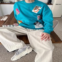 남자 라운드 오버핏 기모 네셔널 패치 맨투맨 티셔츠 2컬러