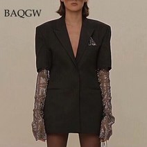 수소수생성기 알칼리여성용 패션 샤이니 재킷 여름 블레이저 긴 다이아몬드 패치 워크 슬리브 오피스, 01 Black_03 L
