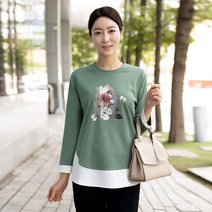 엄마옷 모슬린 배색 플라워 라운드 티셔츠 TS208095마담 미시옷 50대 중년여성의류 60대 엄마옷 빅사이즈 할머니옷 여성옷
