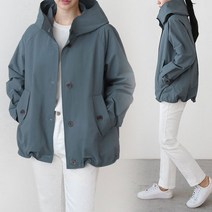 국산 여자 빅카라 후드 단추 사파리 재킷 밑단 셔링 야상 점퍼 블루 3컬러