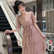 가바바 여성 원피스 반짝반짝 포인트 리본 브이넥 롱원피스 G49043