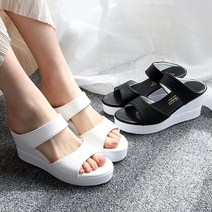국내생산 가벼운 두줄 웨지힐 통굽 뮬 슬리퍼 경량 샌들 7cm 2컬러