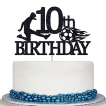 Colorfulparty Black Glitter Happy 10th Birthday 케이크 토퍼 - 10살 축구공 10살부터 건배 축구 테마 파티 장식542398