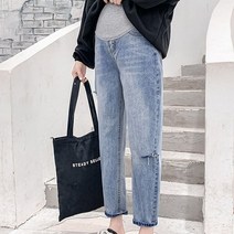 임산부 청바지 임부복 구멍 찢어진 느슨한 스트레이트 데님 출산 배꼽 바지 임신 여성을위한 옷 임신 캐주얼 작업 바지 2021 new