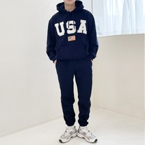 베럴댄나우 남자 특양면 기모 USA 자수 오버핏 후드 맨투맨 조거팬츠 트레이닝복 세트