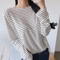 여성 루즈핏 보트넥 긴팔 린넨 스트라이프 티셔츠