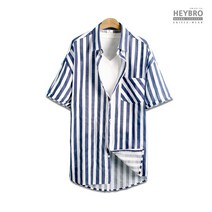 헤이브로 남성 반팔 스트라이프 아사 셔츠 남방 스탠다드네이비