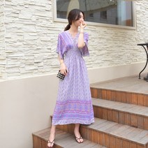 데일리앤 세비야 에스닉 브이넥 썸머 스모크 날개소매 롱 원피스 여름 바캉스 휴양지 비치