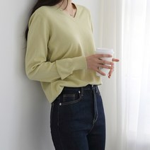 여성용 루즈핏 브이넥 비스코스 데일리 컬러포인트 베이직 시보리 슈슈 니트