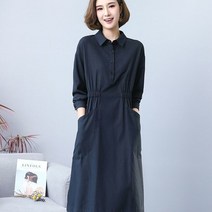 FEIJUN 여성용 사이드 밴딩 카라넥 린넨 투포켓 미디 원피스 긴팔 반팔 1422D