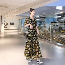 쉬폰 허리 스트링 롱원피스 꽃잎 소매 오버 슬리브 미디 플라워 스커트 여름 반팔 브이넥