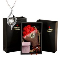 [아르띠콜로 은목걸이 + 비누꽃다발 ] 비누 꽃 꽃다발 조화 목걸이 선물 세트 커플 생일 결혼 기념일 1주년 100일 200일 축하 친구 여사친 프로포즈 아내 감성 악세사리, 로맨틱레드+가이아목걸이