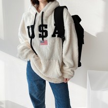 피노치 여성 남녀공용 오버핏 양털 뽀글이 USA 후드 티셔츠 빅사이즈 커플