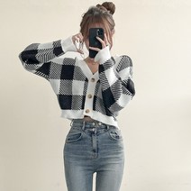 입꼬 사각 체크 브이넥 니트 가디건[4color]
