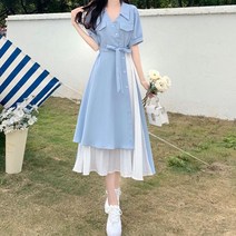 하늘색원피스 여성 봄 여름 브이넥 셔츠 결혼식하객룩 원피스 바스락 4월 5월 커플시밀러룩 펀칭 하객룩