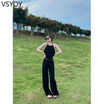 vsyoy 블랙 골드 림 정장 여성 여름 민소매 탑 바지 우아한 연예인 높은 감정 완벽한 세트