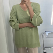 뜨개진 여성용 오버핏 옆트임 언발 브이넥 이탈론 니트