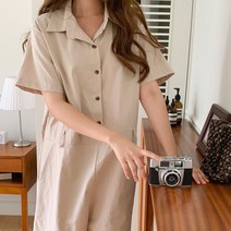 옷자락 [옷자락] 여자 여름 데일리 휴가룩 버튼 카라 반팔 점프수트