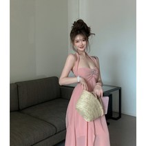 홀터넥 핑크 폰 여성 봄 언발 민소매 휴가 원피스